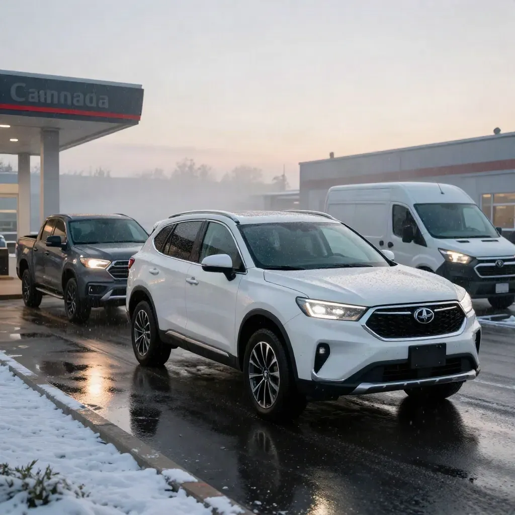 White SUV leads on wet snowy forecourt with pickup and cargo van at dawn