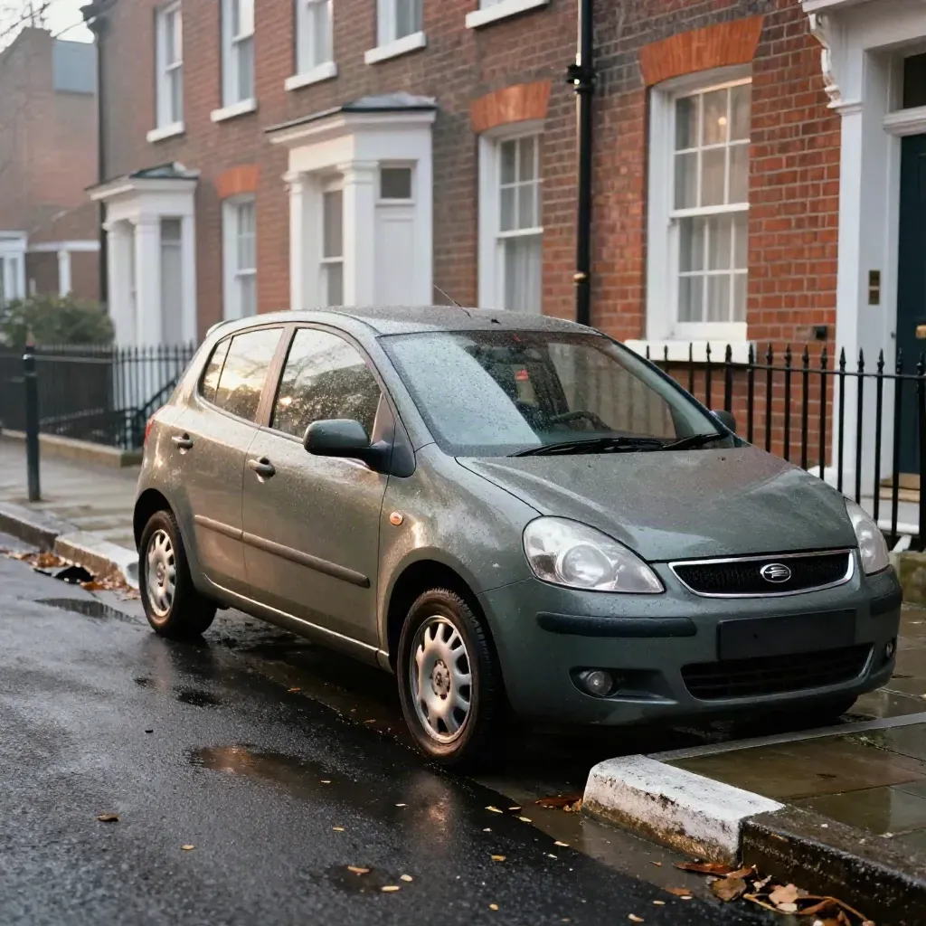 Hatchback easing into a tight curb slot between brick townhouses in light drizzle.