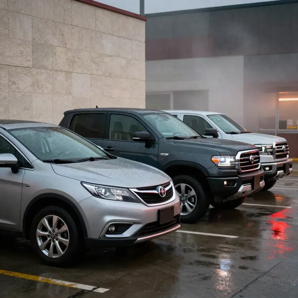 Three vehicles lined in a misty delivery bay at dusk with silver paint and red reflections.