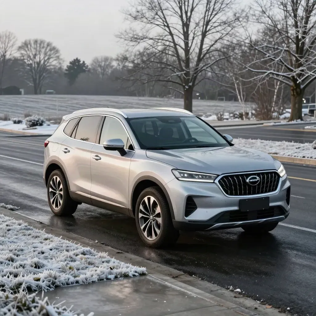 Compact SUV turning from a dealership driveway onto a winter road, low front three-quarter angle.