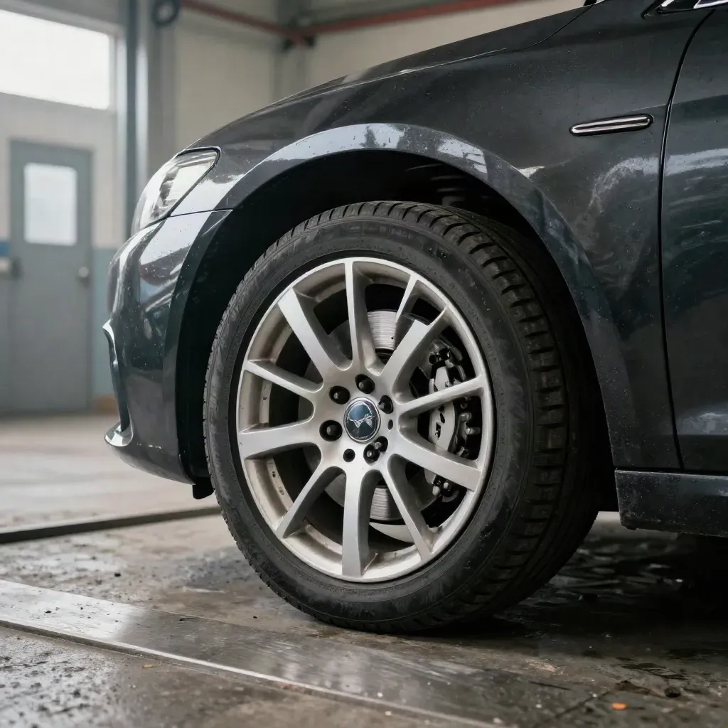 Late-model sedan in a service bay, hood up, front wheel turned out, close on tire and brake detail.