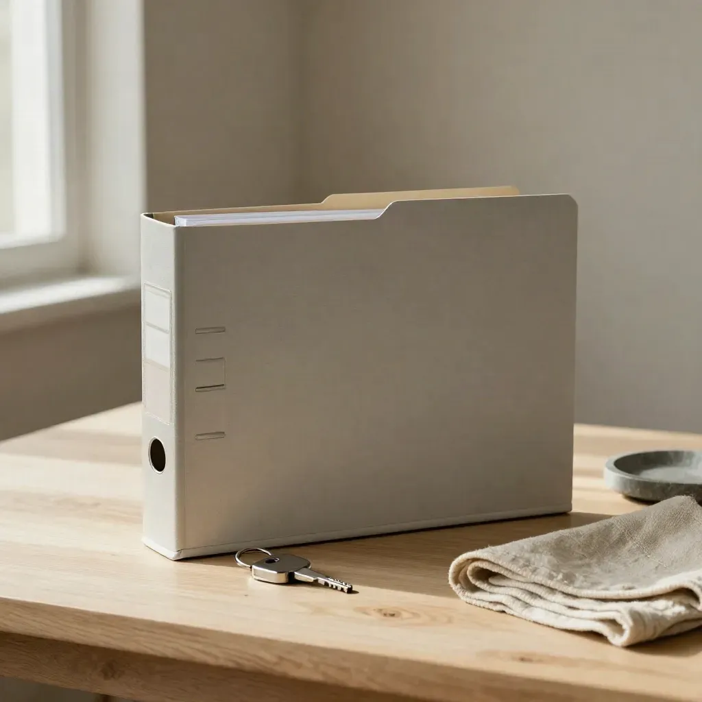 Archive folder, key fob, cloth and stone dish on pale wood in soft window light.